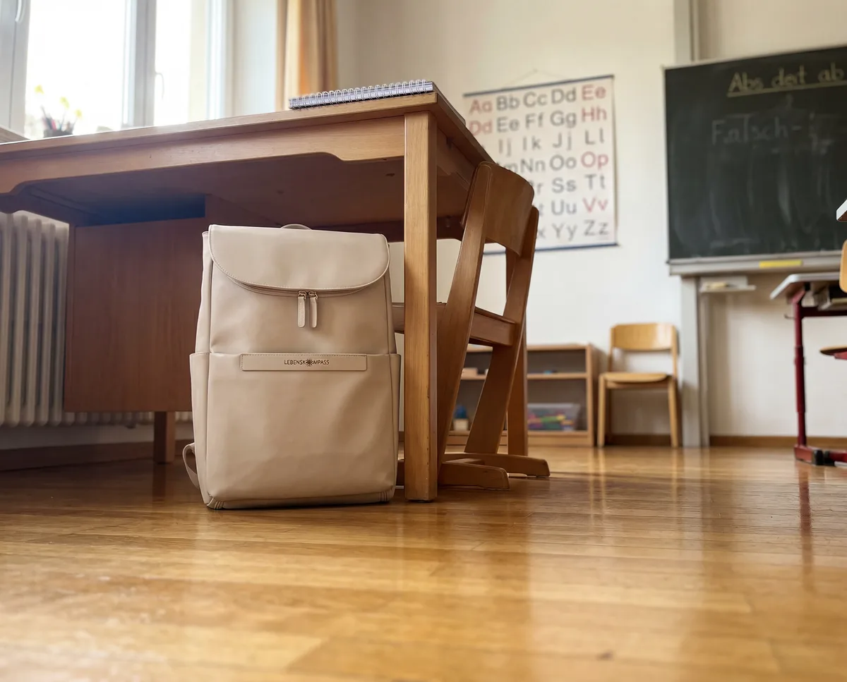 Fünf verschiedene Lehrerrucksäcke nebeneinander aufgereiht auf einem Holztisch