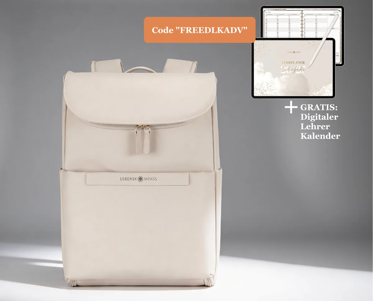 Cremefarbener Lebenskompass Everyday Backpack in OAT mit geöffneten Fächern und sichtbarer Organisation