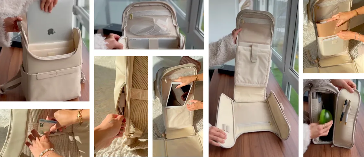 Zufriedene Lehrerin mit Lebenskompass Rucksack im sonnigen Klassenzimmer