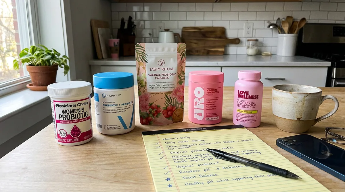 Five vaginal probiotic bottles arranged on white surface