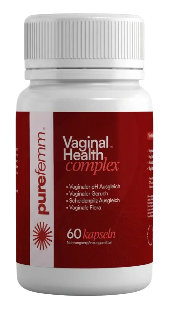 Purefemm Vaginal Health Complex Packung in Nahaufnahme auf hellem Hintergrund, lila-weiße Verpackung mit Produktname deutlich sichtbar, professionelle Produktfotografie mit weichem Licht, Kapseln im Vordergrund angedeutet