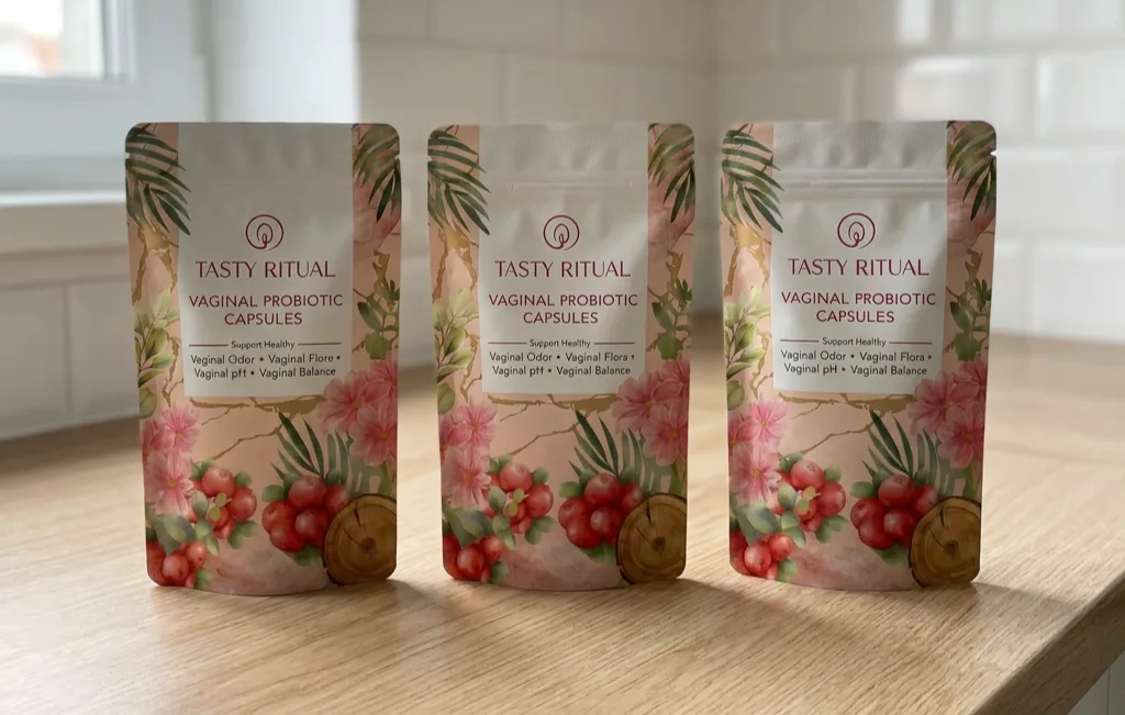 Mehrere Vaginal Probiotics Dosen gestaffelt arrangiert zeigen die verschiedenen Vorratsgrößen, professionelle Produktpräsentation auf hellem Hintergrund mit sanften Schatten, clean und modern inszeniert, vermittelt Wertigkeit und Vertrauen