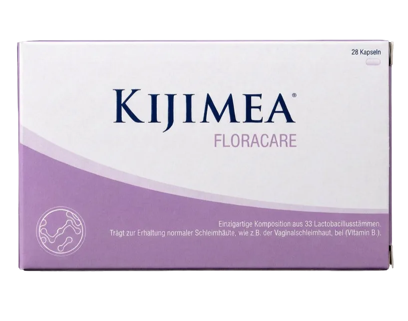 Kijimea FloraCare Kapseln in blau-weißer Verpackung professionell fotografiert, Blister mit Kapseln teilweise sichtbar, klare Produktaufnahme auf weißem Untergrund mit sanfter Schattengebung, medizinisch-seriöse Anmutung