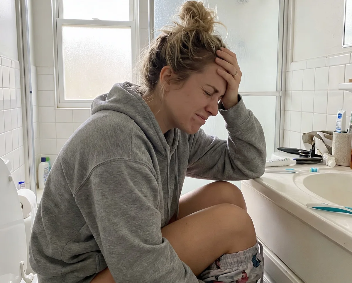 Nachdenkliche Frau in den 30ern sitzt auf weißer Bettkante in minimalistischem Schlafzimmer, trägt gemütliche Loungewear, Blick geht aus dem Fenster, natürliches Morgenlicht fällt sanft auf ihr Gesicht, vermittelt Ruhe und Selbstreflexion