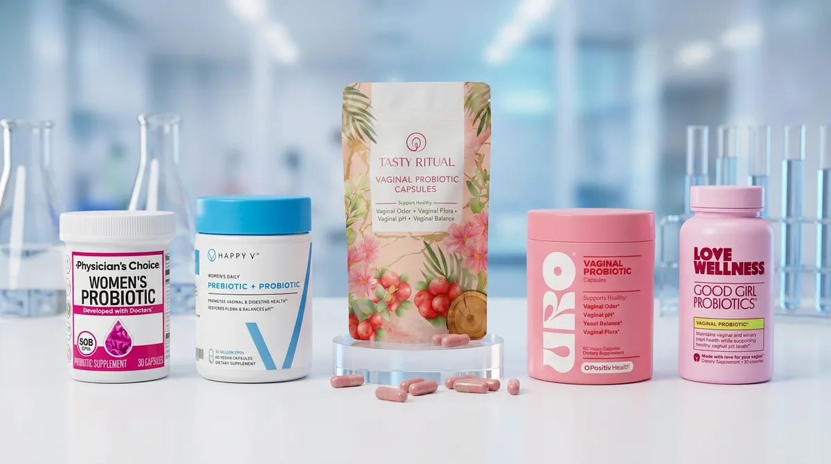 Woman holding vaginal probiotic supplements in kitchen