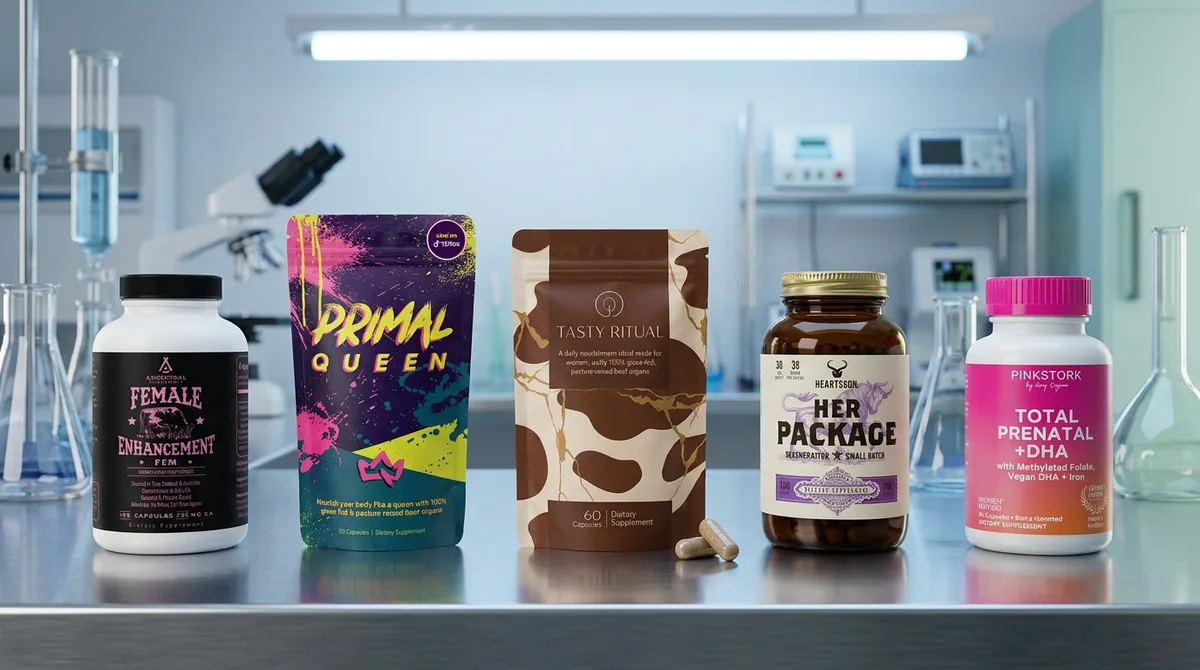 Woman holding beef organ supplement bottles in kitchen