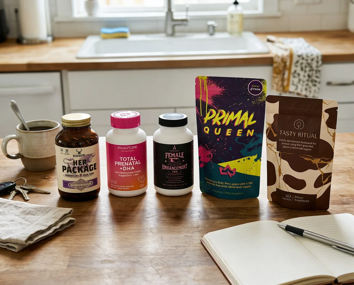 Five beef organ supplement bottles arranged on white surface