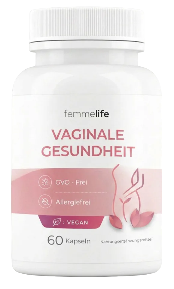 Femmelife Vaginalkapseln Flasche in schlichtem Design auf hellem Untergrund, braune Glasflasche mit weißem Etikett, professionelle Produktfotografie mit weicher Ausleuchtung, natürliche und cleane Optik
