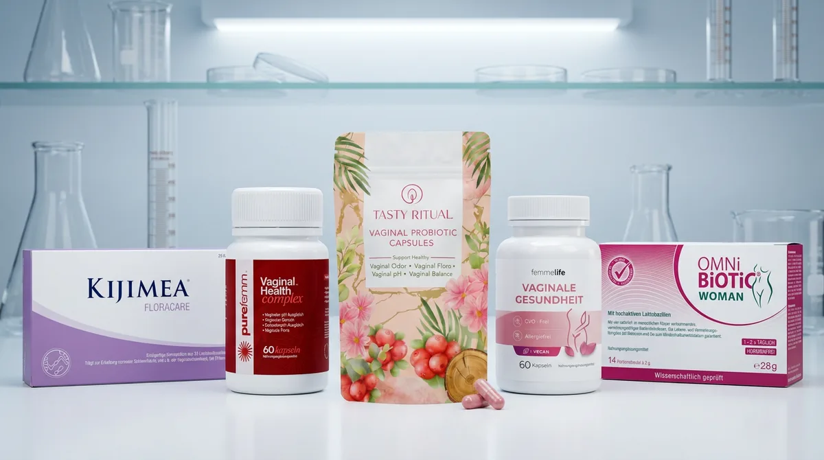 Beauty-Redakteurin Lisa Bender mit Vaginal Probiotics Kapseln in hellem Schlafzimmer-Setting, sie hält die Packung selbstbewusst in die Kamera und lächelt zufrieden, im Hintergrund moderne Einrichtung in Pastellfarben