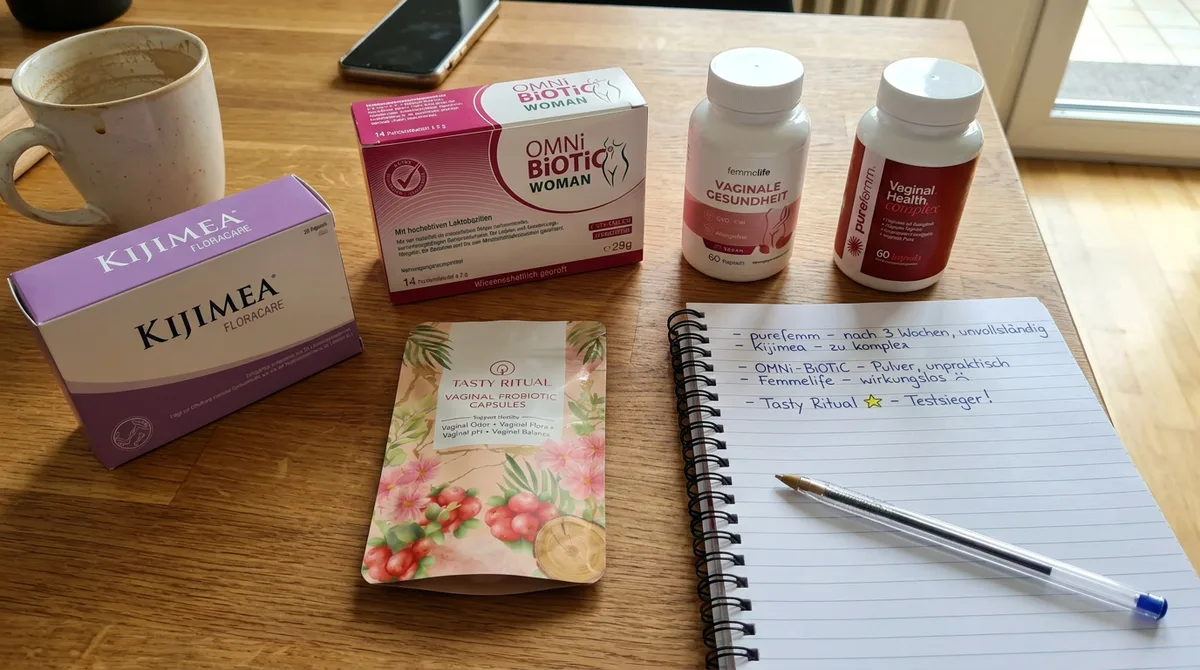 Fünf verschiedene Vaginal-Probiotika-Packungen ordentlich nebeneinander auf weißem Marmor-Untergrund arrangiert, professionelle Produktfotografie mit weichem Studiolicht, jede Packung klar erkennbar mit Etiketten, neutrale Farbgebung, clean und medizinisch