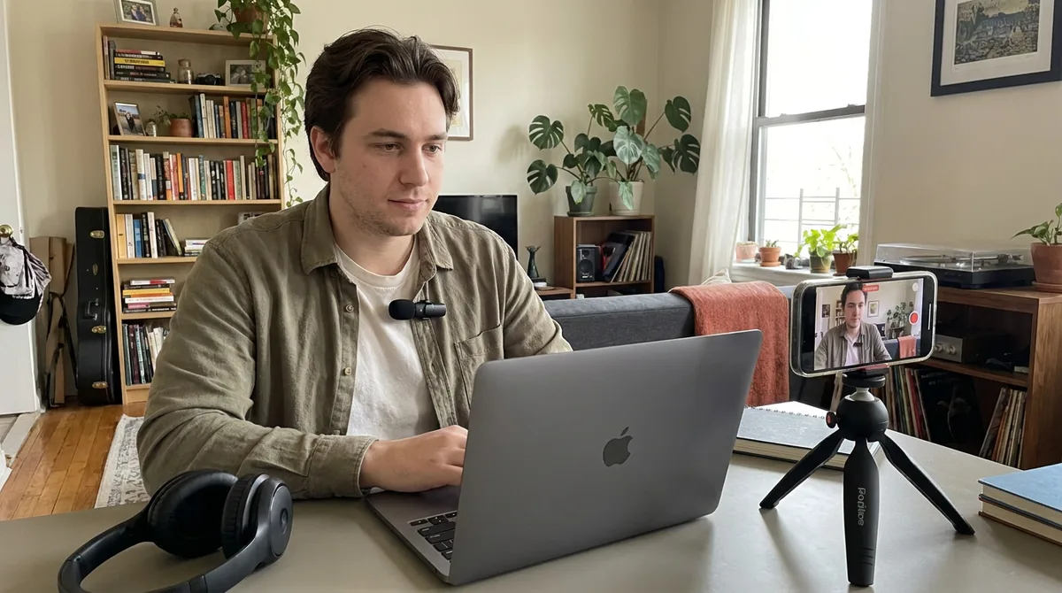 Person nutzt kabelloses Mini-Mikrofon für Videoaufnahme