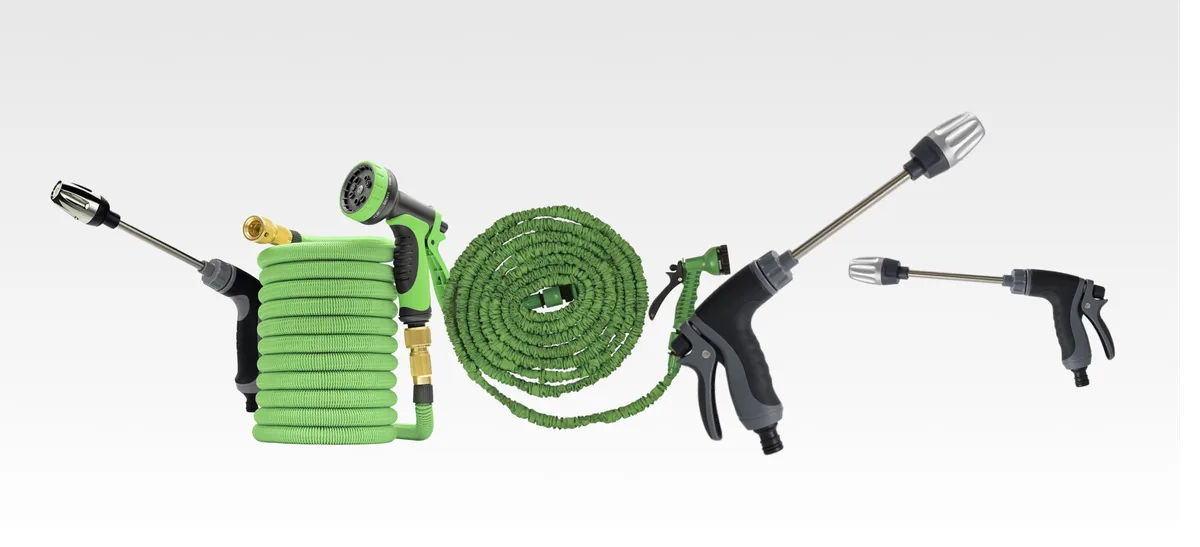 Five garden hose products lined up for comparison testing