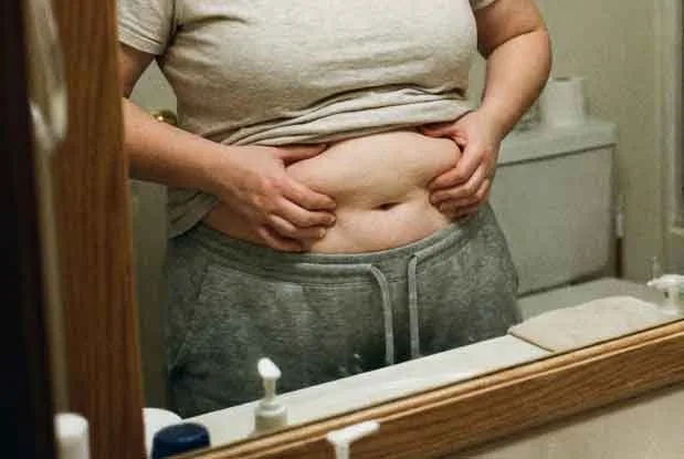 Woman looking shocked while measuring waist circumference