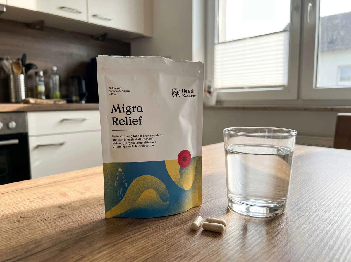 Migra Relief Dose mit Kapseln auf hellem Untergrund, daneben zwei Kapseln und ein Glas Wasser