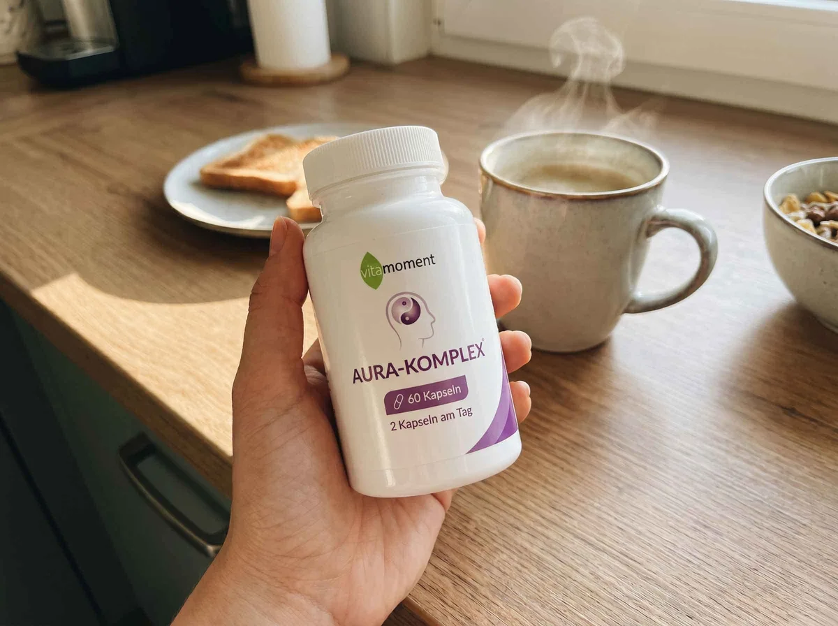 VitaMoment Aura Verpackung in typischem blau-weiß Design