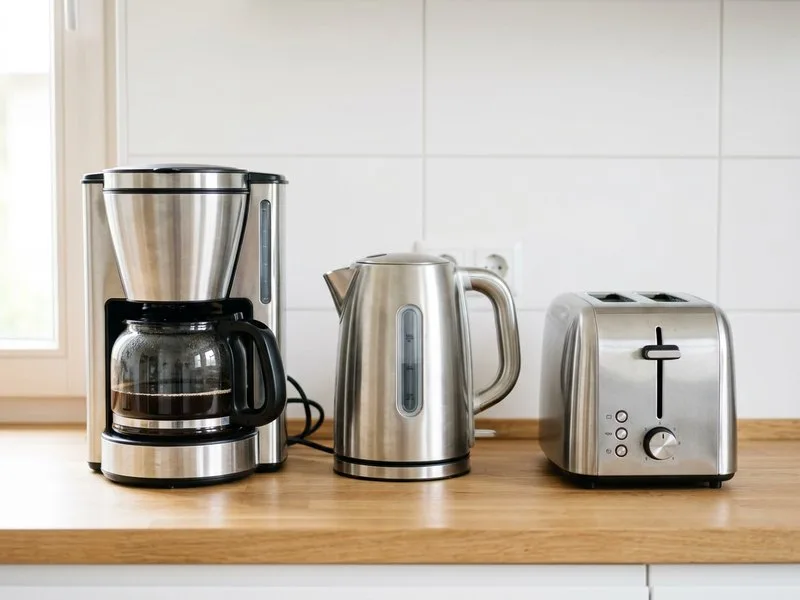 Kaffeemaschine, Wasserkocher und Toaster auf einer Küchenzeile