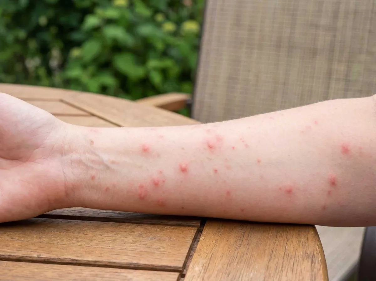 Mother applying mosquito repellent to child's arm at campsite, showing concerned expression as she examines red mosquito bites on the child's skin, camping tent and lake visible in background during golden hour lighting