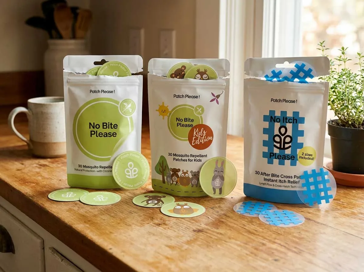 No Bite Please product bundle professionally arranged showing adult patches box, colorful kids patches with fun designs, and after-care soothing patches, all products clearly labeled with natural ingredients visible on packaging