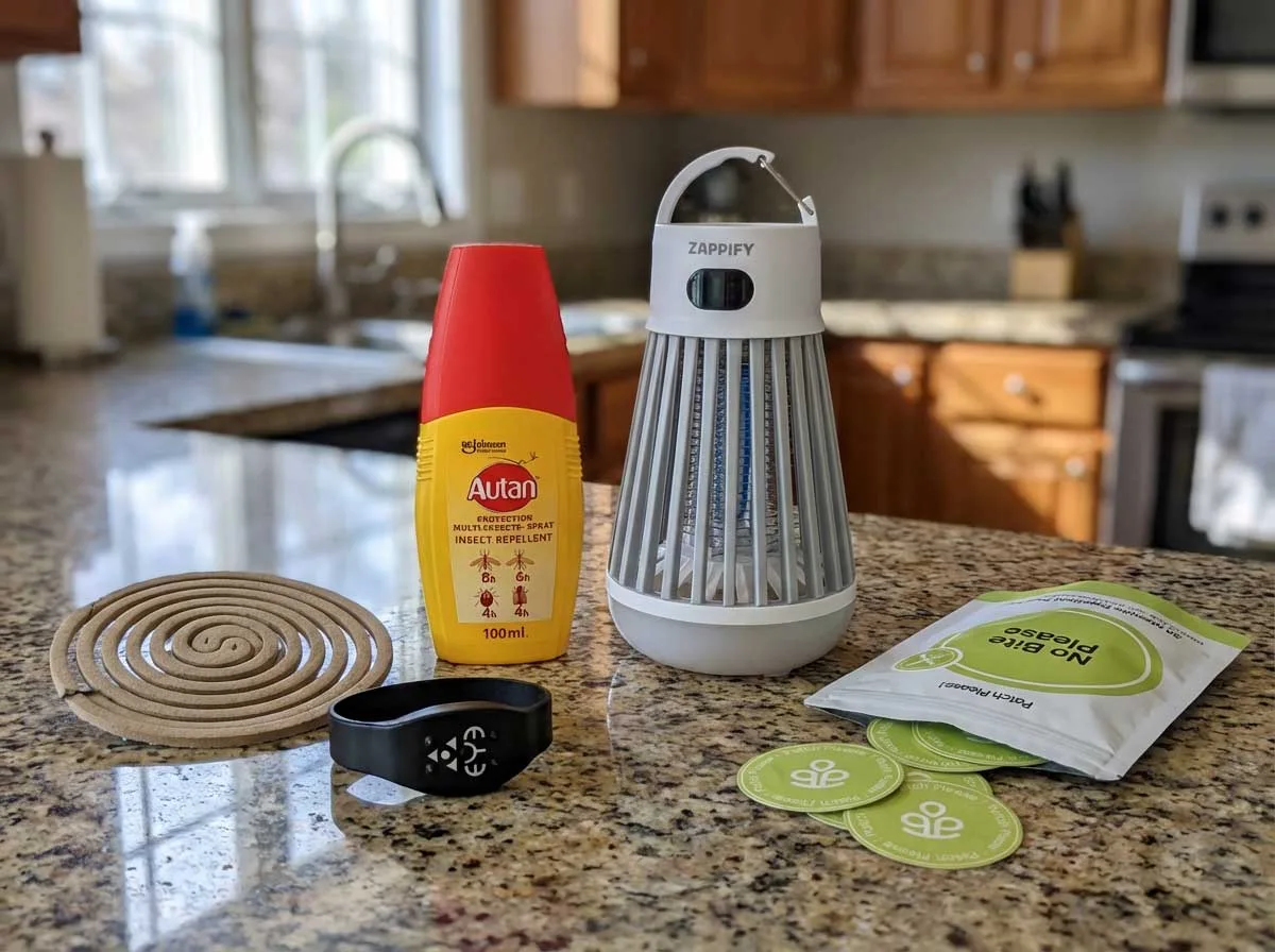 Woman testing mosquito repellent patches outdoors