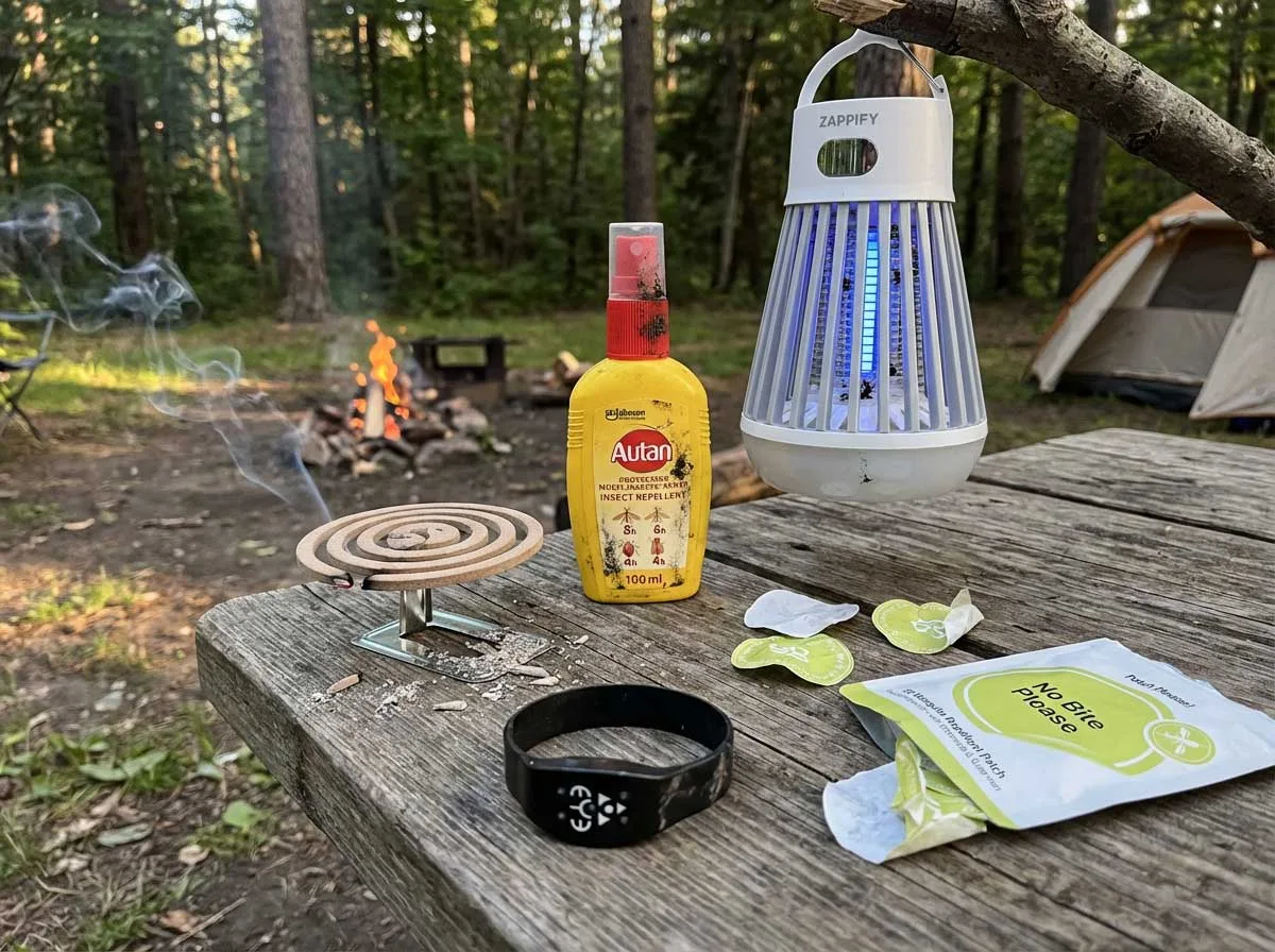 Five different mosquito repellent products carefully arranged on weathered wooden camping table - including spray bottles, electronic device, coils, bracelet, and patch packages, with clipboard showing testing notes and timer in foreground